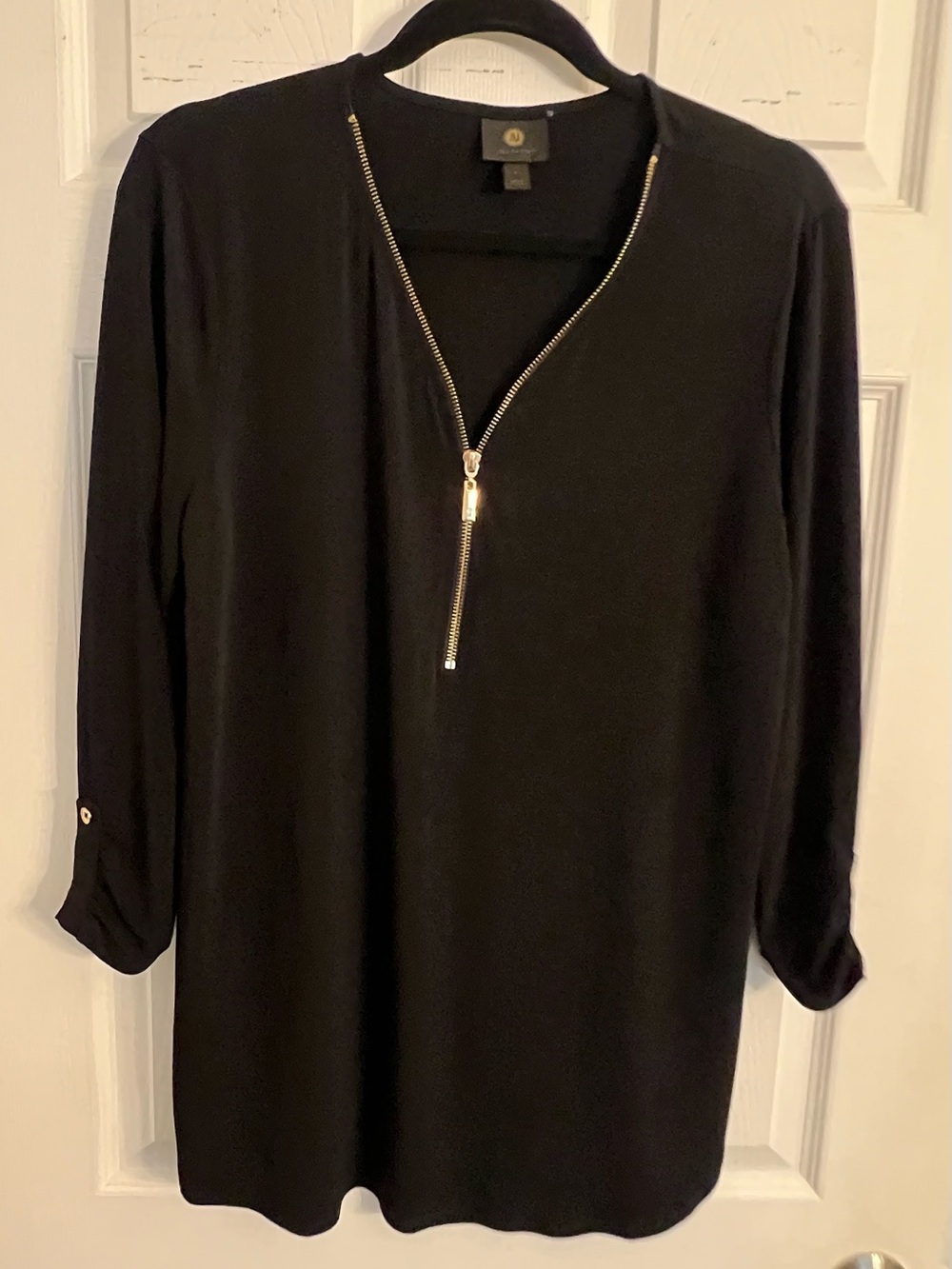 JM Collection Black Zip-Front Roll-Sleeve Tunic